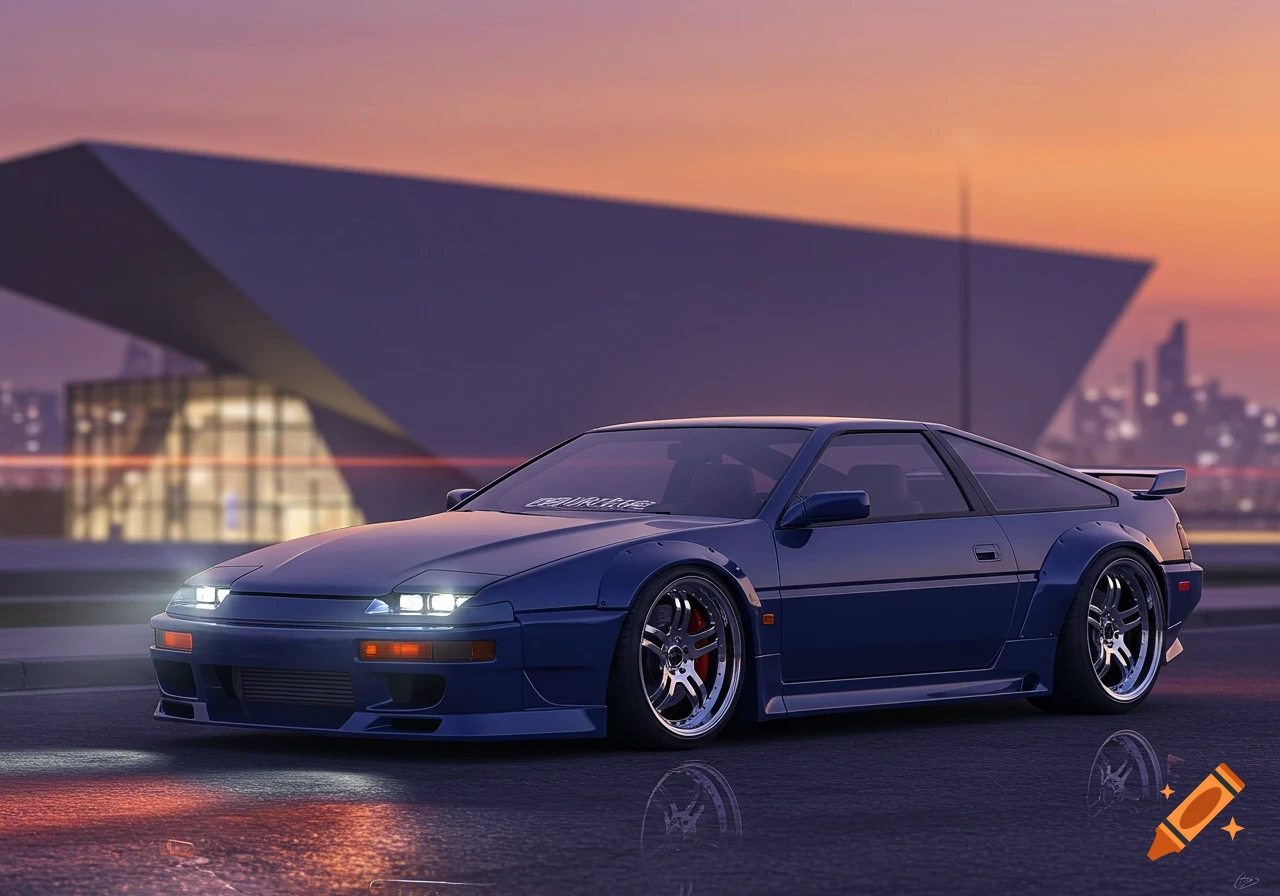 A modified blue sports car is parked on a wet road at sunset in front of a futuristic building. Digital art.