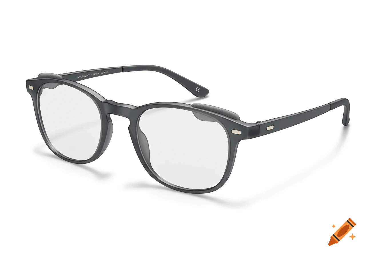 Close-up of a pair of grey glasses on a white background.