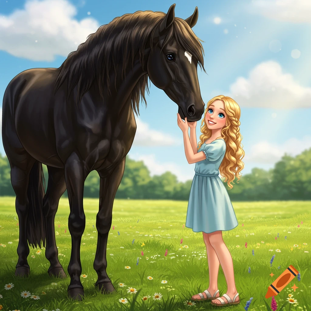 A blonde girl pets a black horse in a sunny field with flowers, illustrated style.