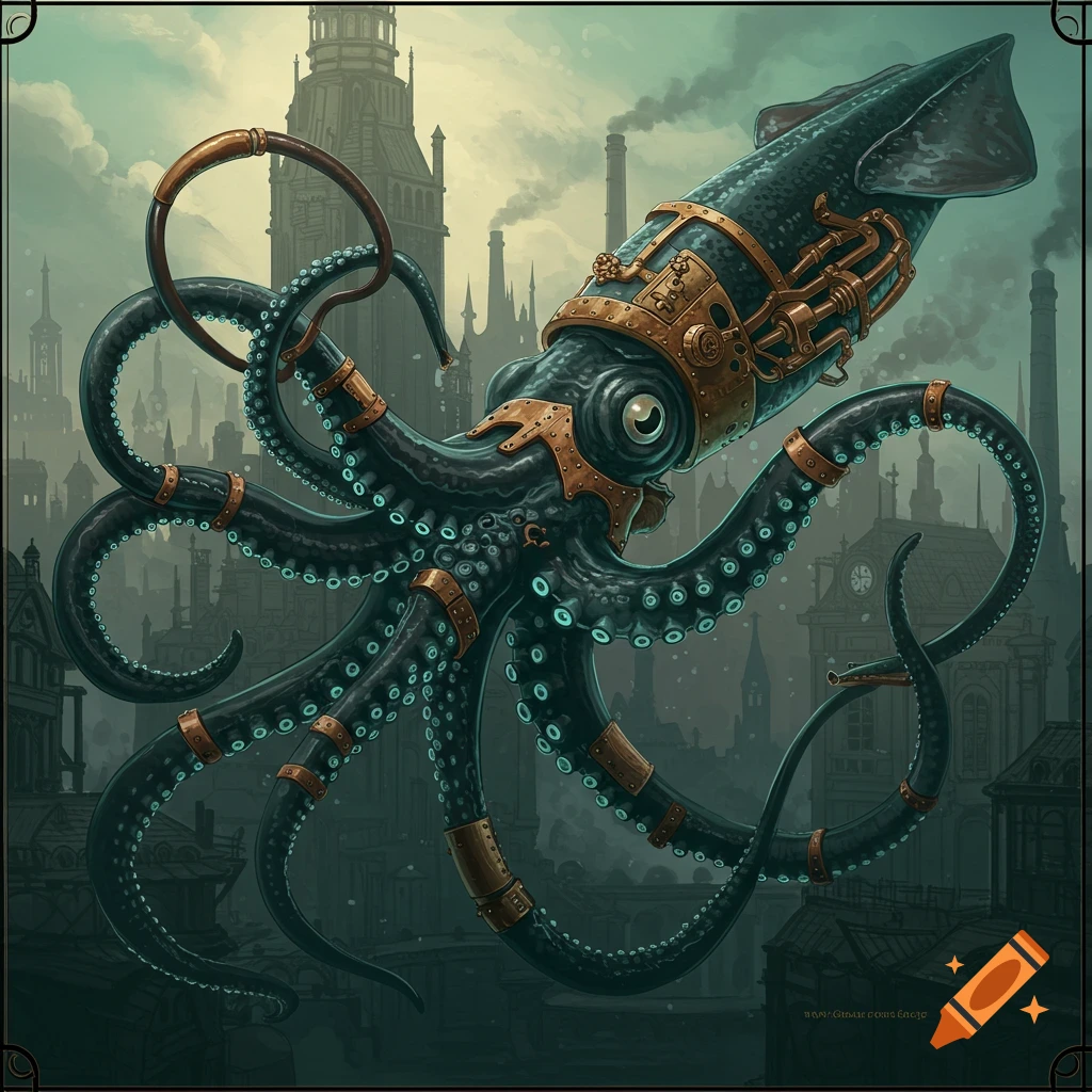 A large steampunk squid hovers over a city skyline in a detailed illustration.