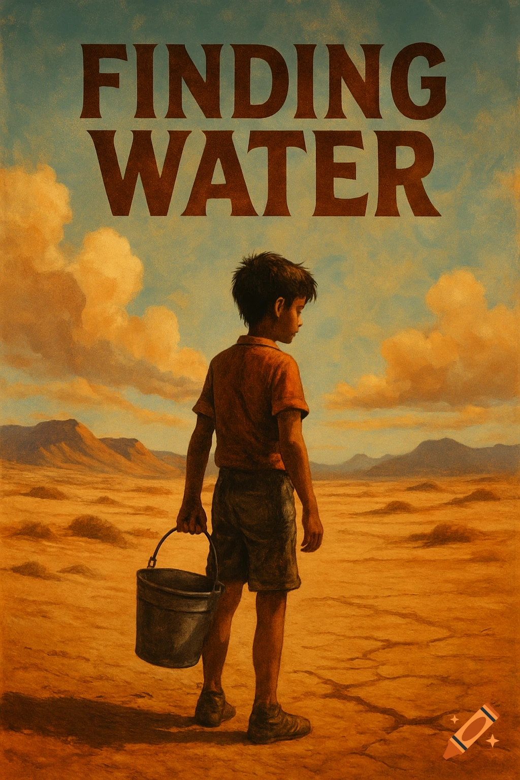 Stylized poster of a boy holding a bucket in a vast cracked desert landscape, with the text "FINDING WATER" above.