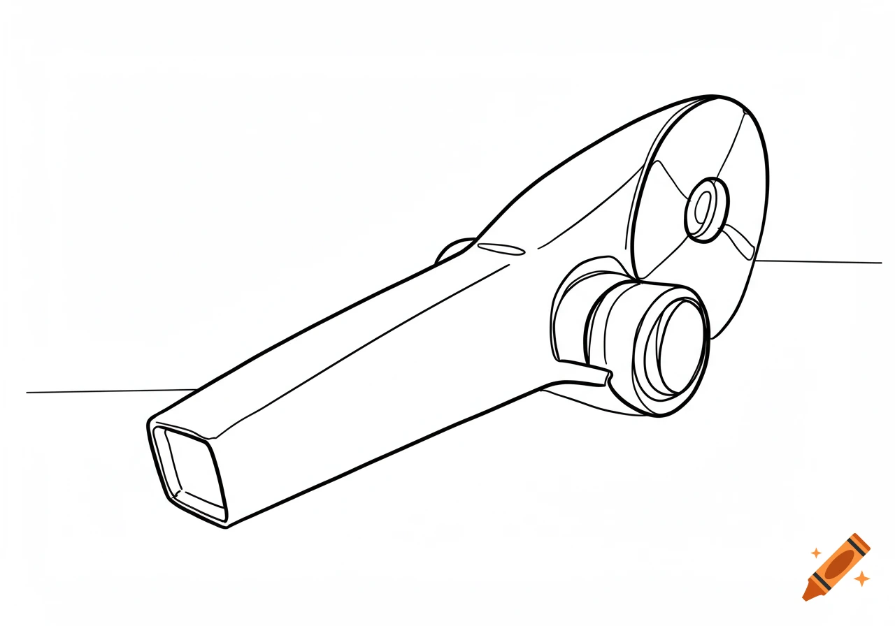 Black and white line drawing of a stylized object.