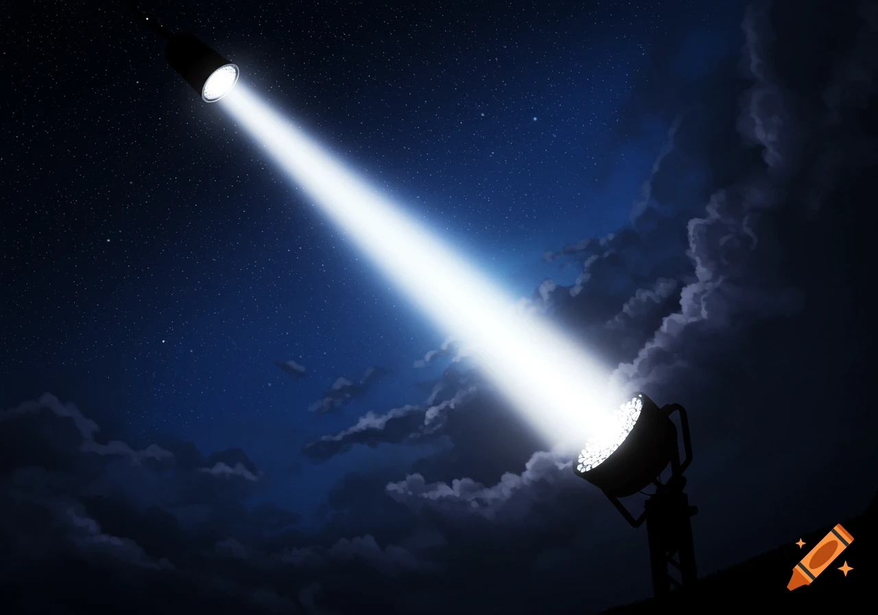 Searchlight shines into a dark, starry night sky with clouds.