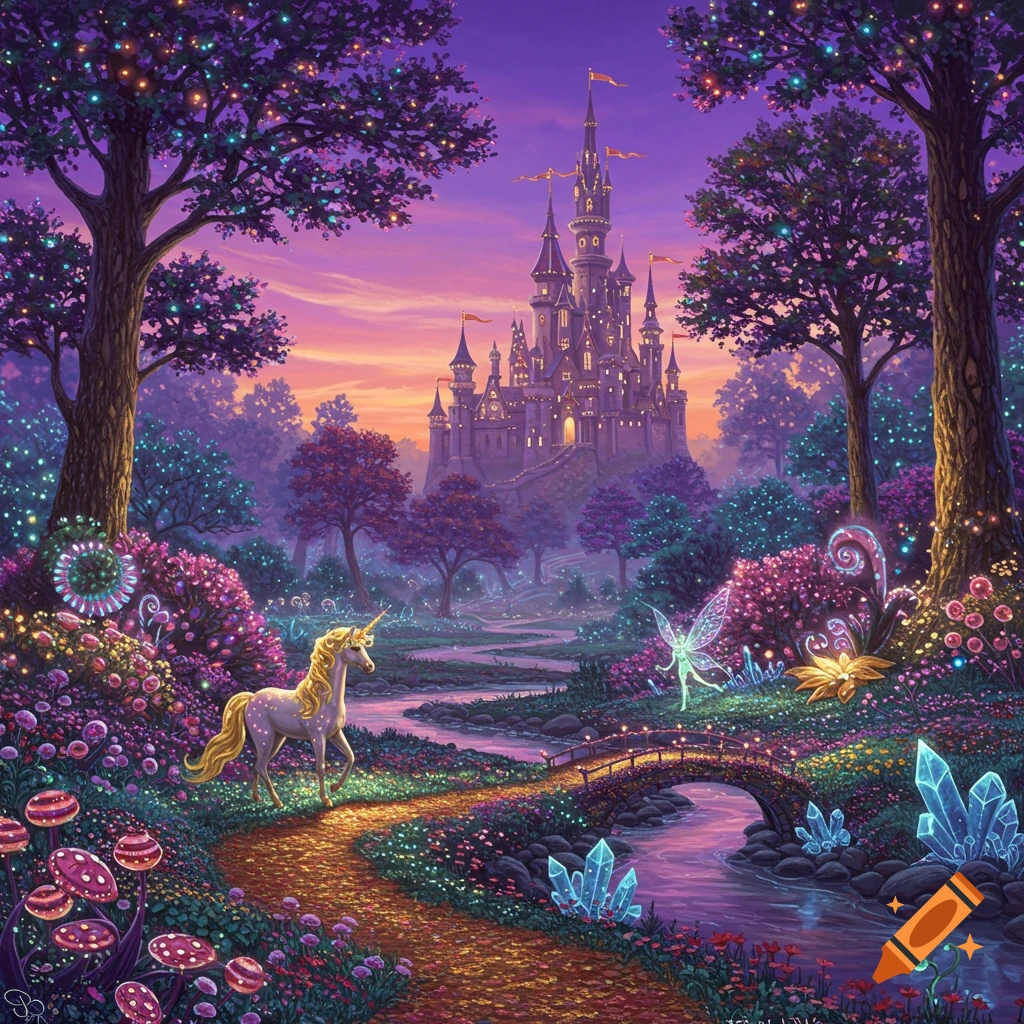 A fantasy forest landscape with a unicorn and fairy walking towards a glowing castle in the distance. The path winds along a river with a small bridge. Trees and flowers are illuminated with magical lights and glowing crystals.