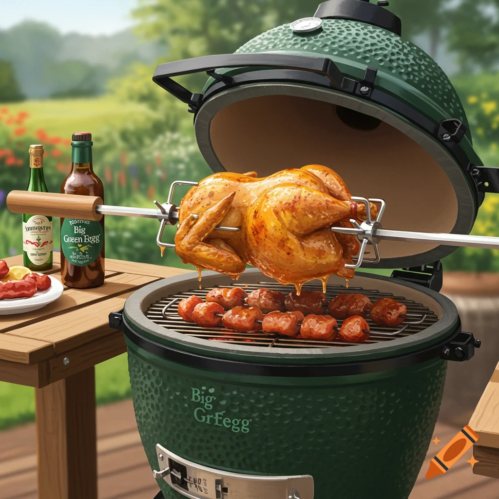 Roasted chicken on a rotisserie over a green ceramic grill outdoors, with bottles and food nearby.