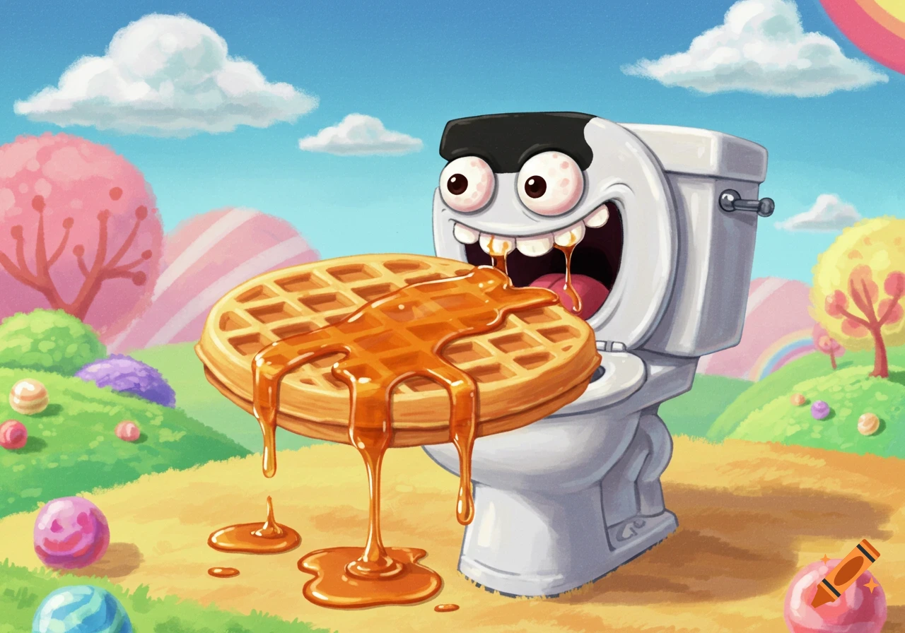 Cartoon toilet character eating a waffle in a sweet, candy-like landscape