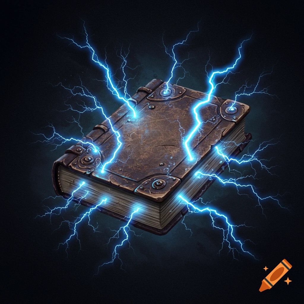 An old, leather-bound book is crackling with blue lightning against a dark background.