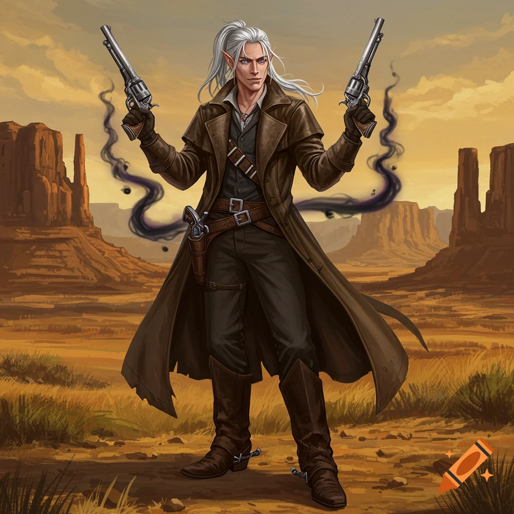 An elf gunslinger with white hair stands in a desert holding two revolvers, with dark energy around his hands.