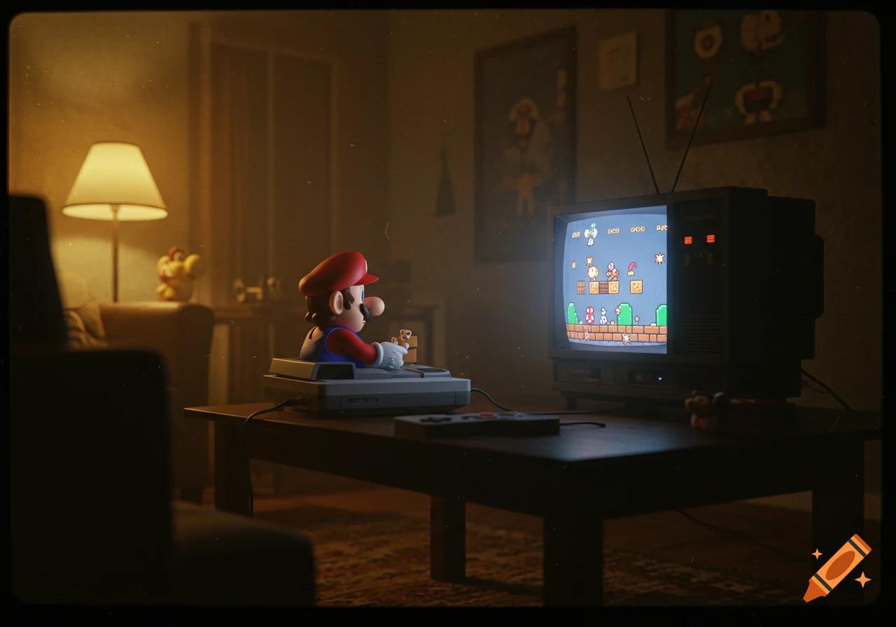 Mario playing Super Mario Bros on a retro TV in a dimly lit room with a nostalgic aesthetic