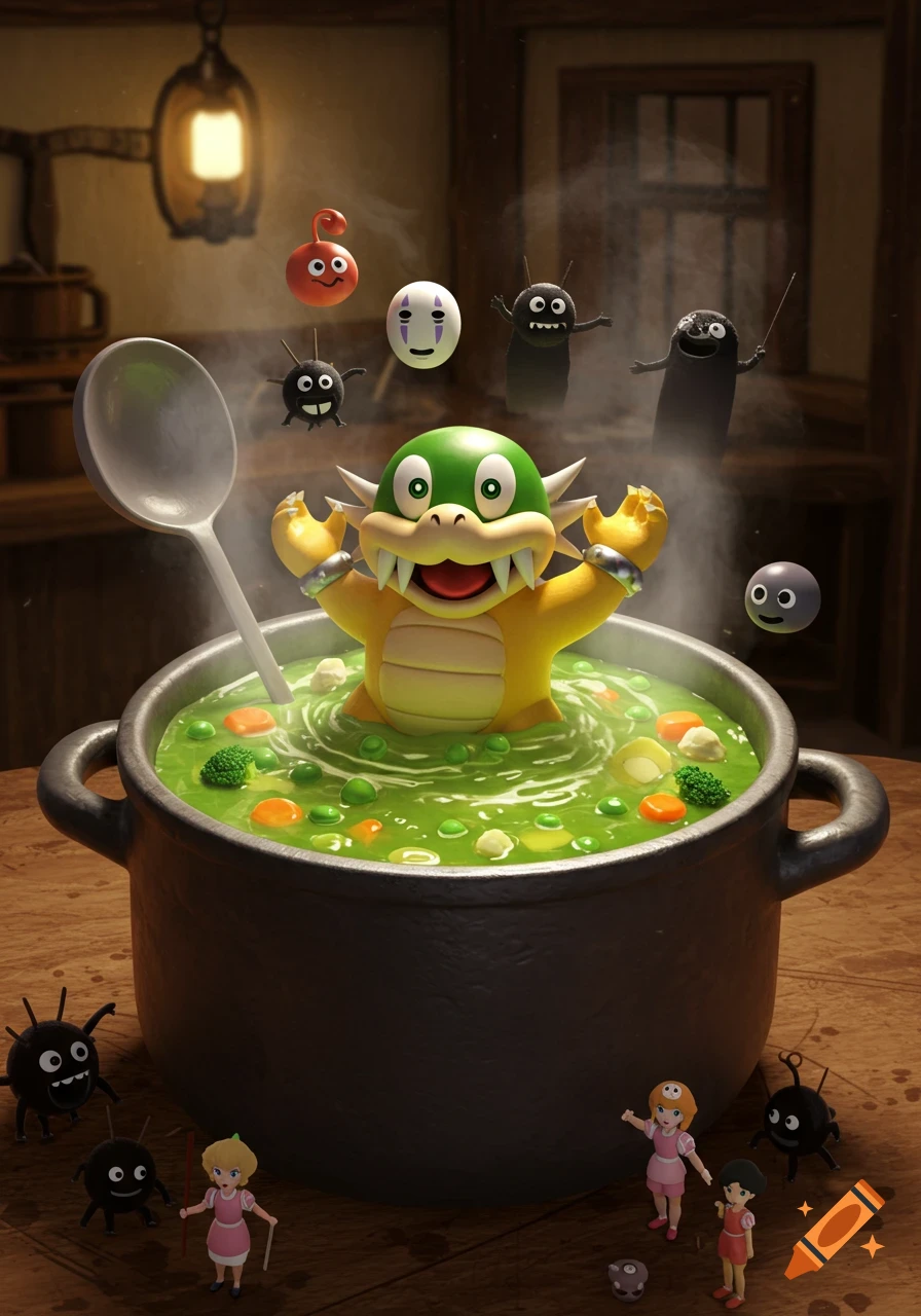 A cartoon reptilian character in a large soup pot with vegetables, surrounded by smaller cartoon creatures.