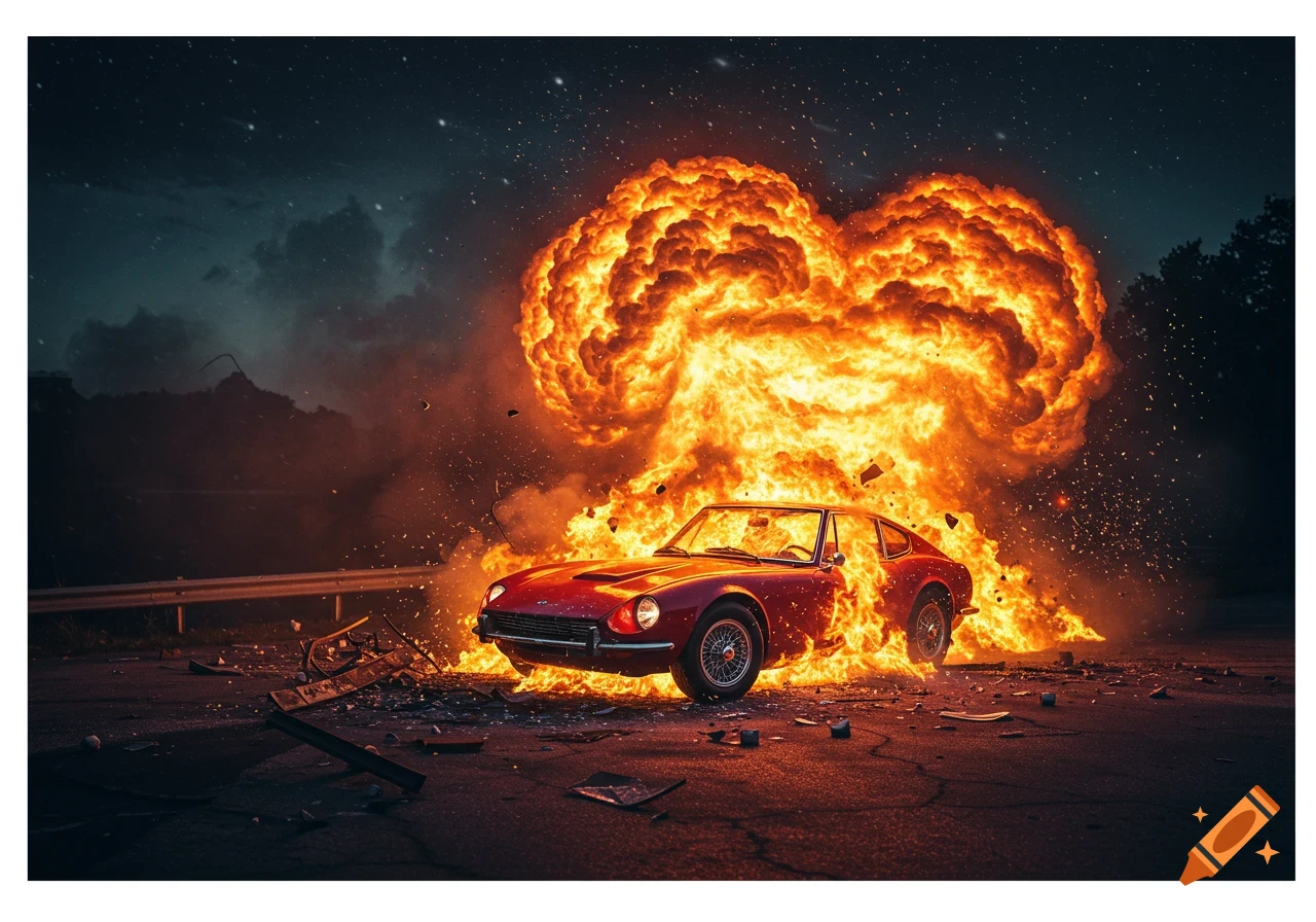 Red sports car exploding on a road with a large fireball at night.