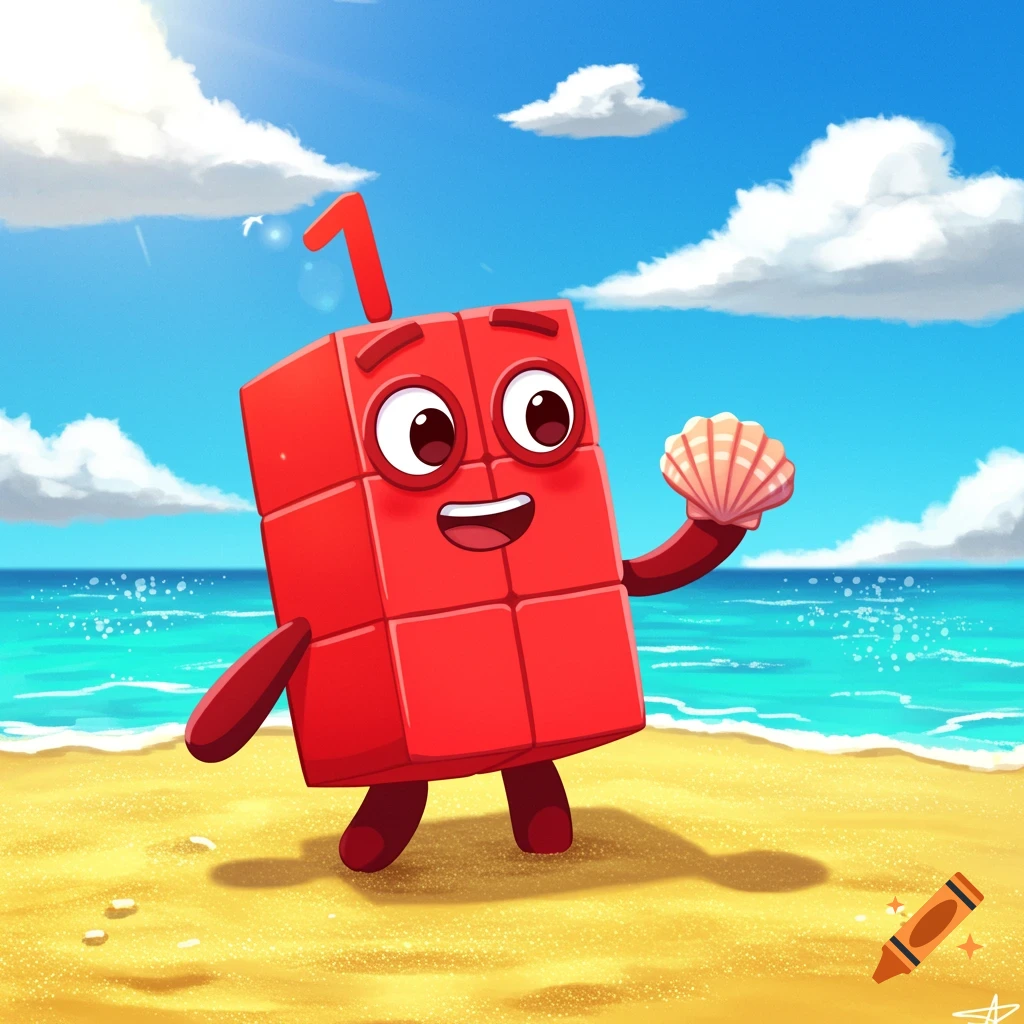 Cartoon character Numberblock One stands on a sandy beach holding a seashell.
