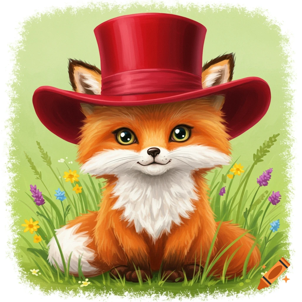 A cute illustrated fox wearing a red top hat sits in grass with flowers ...