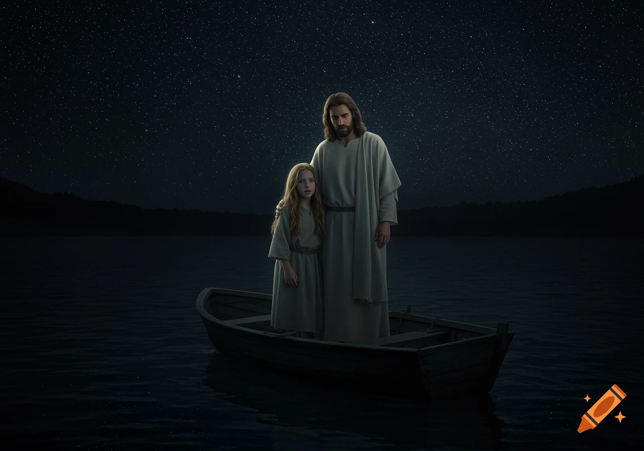 Jesus and a girl stand in a boat on dark water under a starry night sky. Photorealistic style.