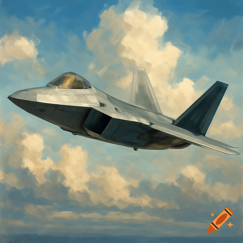 Painterly depiction of an F22 fighter jet flying in a cloudy sky.
