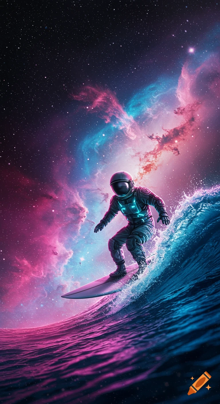 Astronaut surfing a colorful wave through a nebula in space.