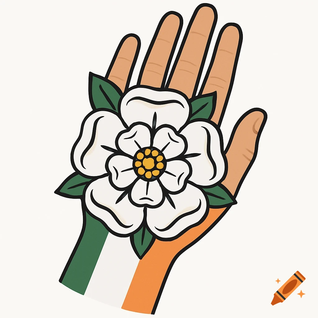 Illustration of a hand holding a white rose with an Irish flag pattern on the wrist, in a traditional tattoo style.