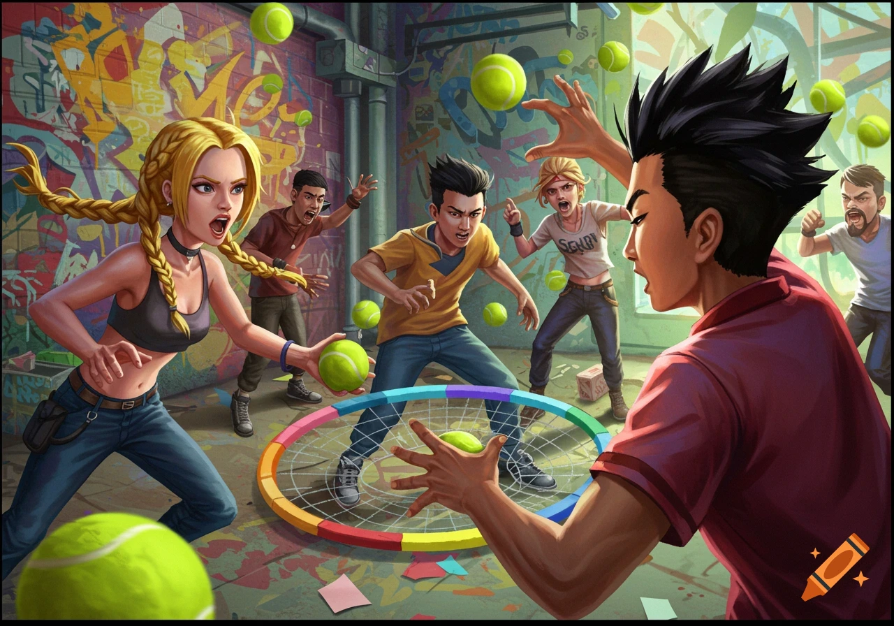 Illustrated scene of young people playing a game with tennis balls in a graffiti-covered alley.