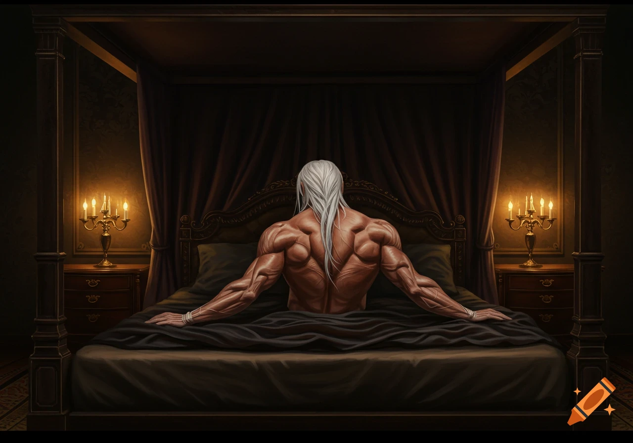 Hyperrealistic fantasy art of a muscular man with white hair lying on his stomach in an ornate bed, viewed from the back.