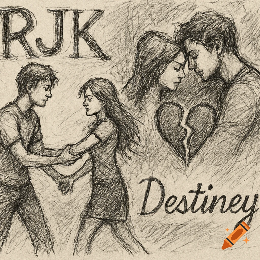 Pencil sketch of a couple, initials RJK, word Destiney, and broken heart representing relationship turmoil and love.