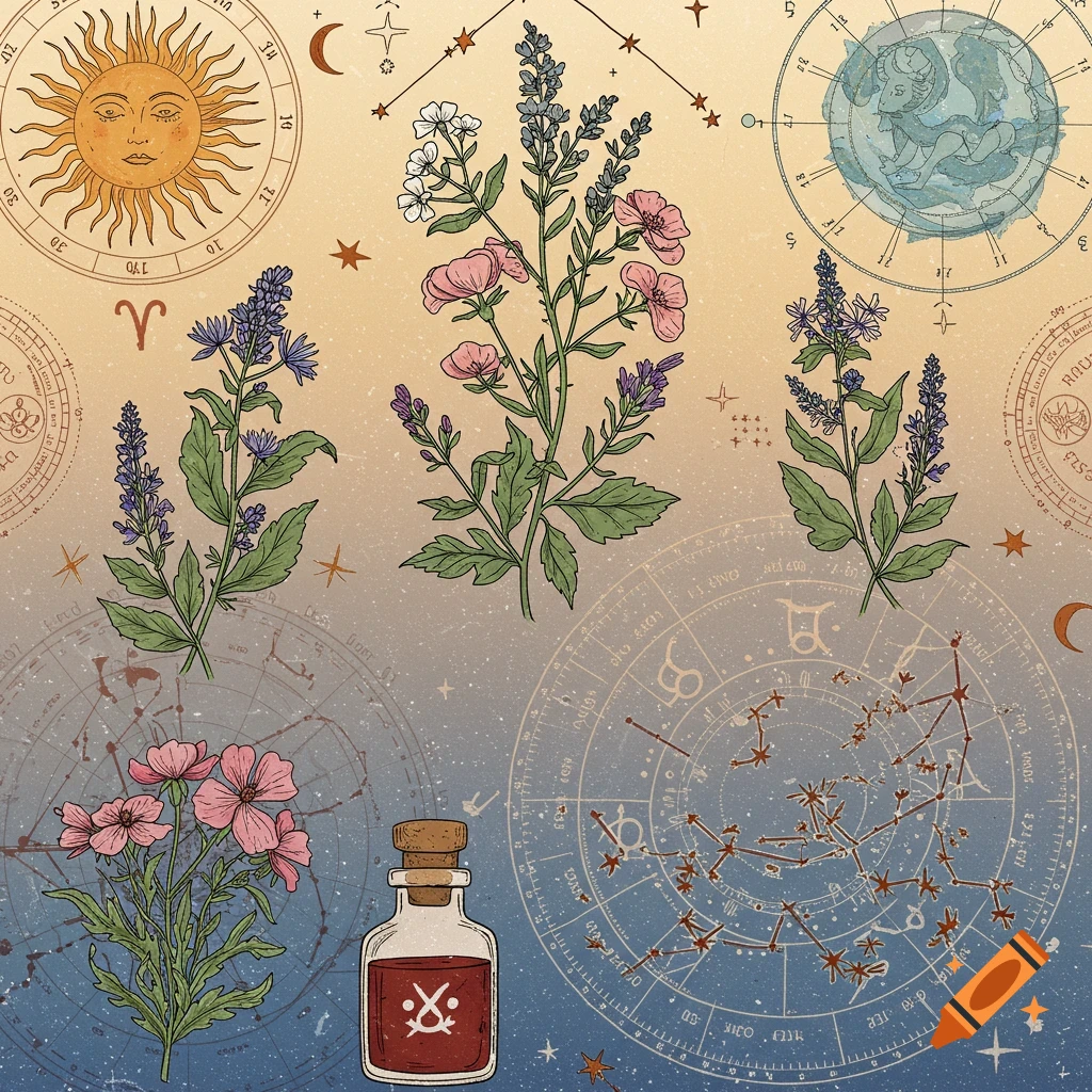 A vintage style illustration featuring botanical elements, a sun, and astrological charts with symbols and numbers.