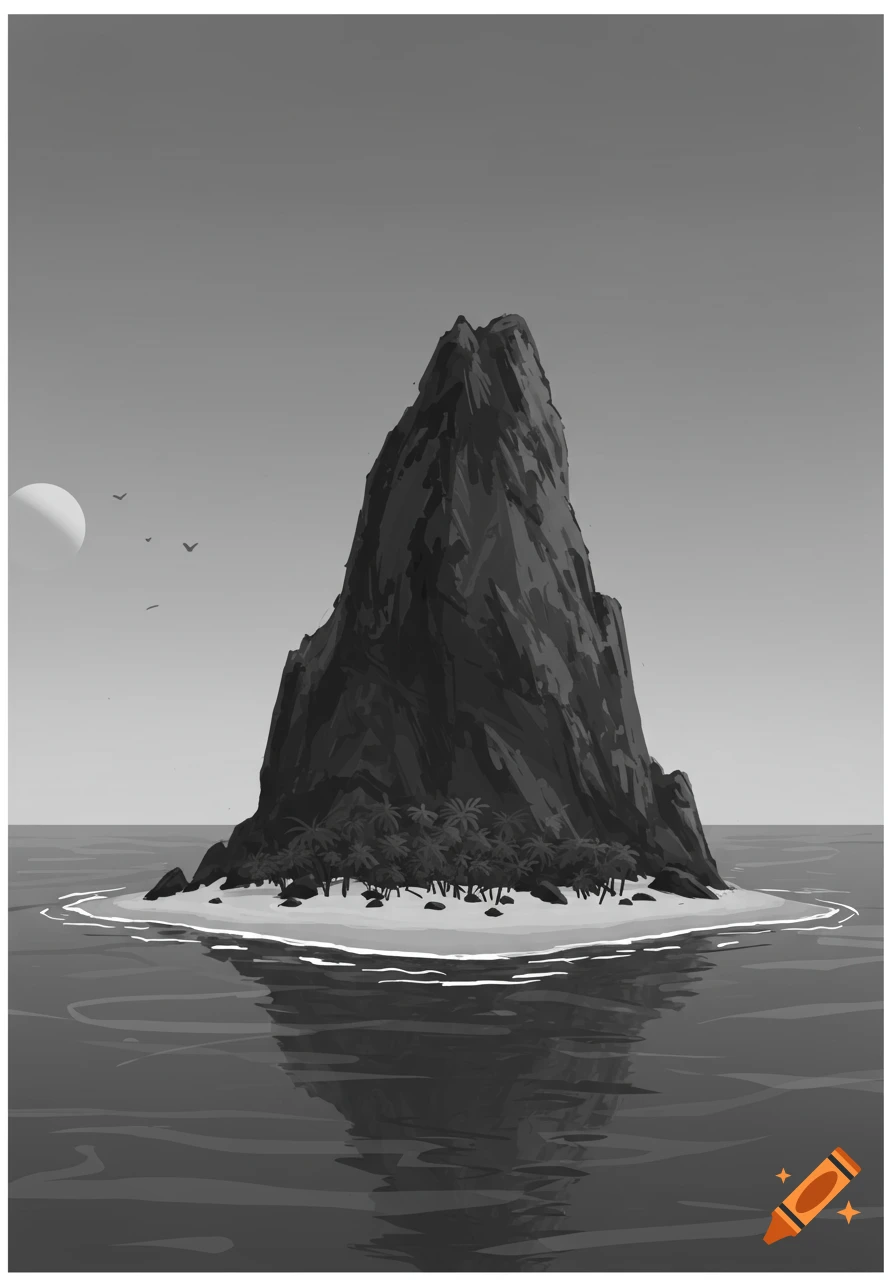 Grayscale cartoon illustration of a rocky island with palm trees in the ocean under a moon