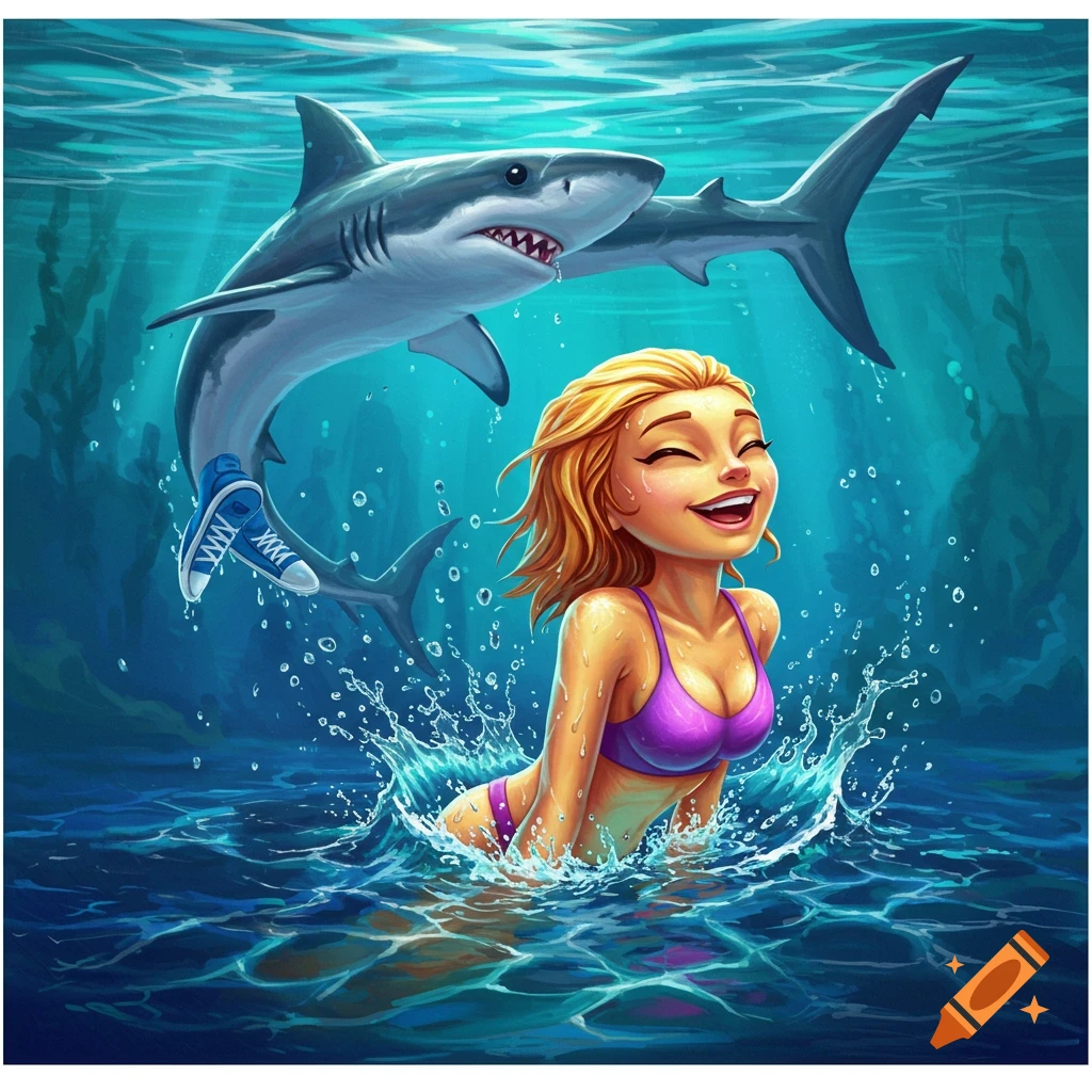 Illustration of a woman swimming with a shark wearing blue shoes jumping behind her in the water.