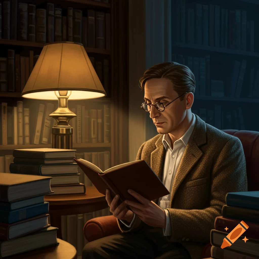 A man wearing glasses reads a book by the light of a lamp in a library.