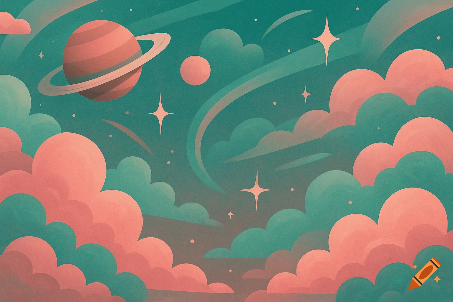 Stylized illustration of a space scene with pink and teal clouds, stars, planets, and a ringed planet.