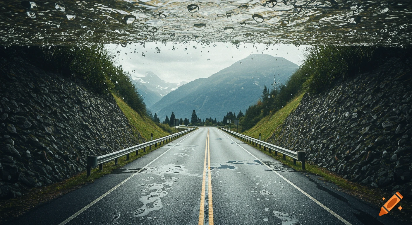 Photorealistic view of a road through mountains seen from just below a water surface with droplets.