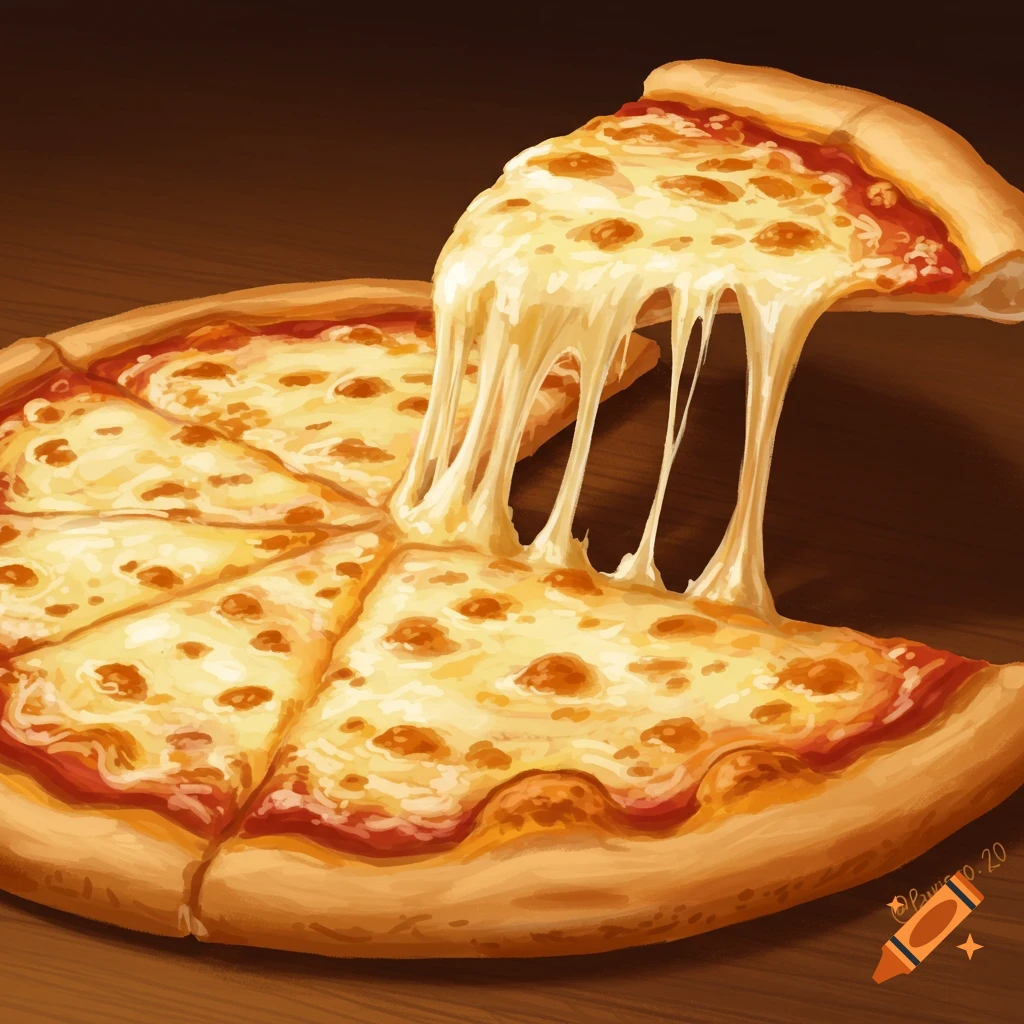 Digital painting of a slice of cheese pizza being lifted, showing a long cheese pull.