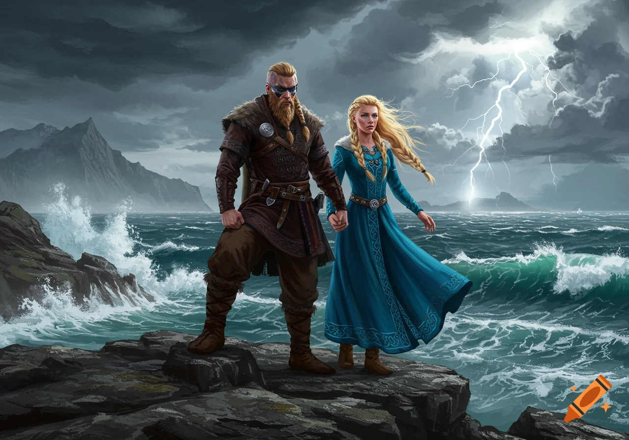 A Viking couple in traditional clothing stands on a stormy ocean cliff with lightning striking.