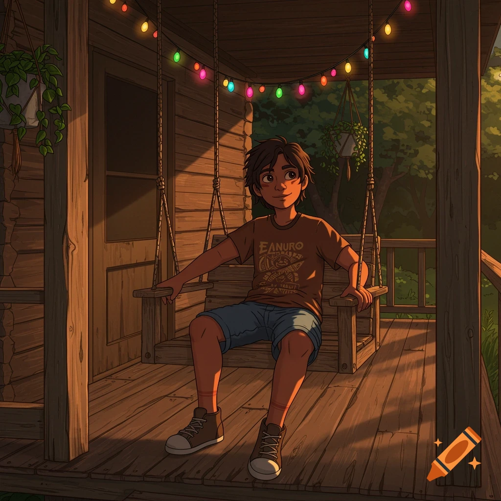 A cartoon teenage boy sits on a wooden porch swing under string lights.