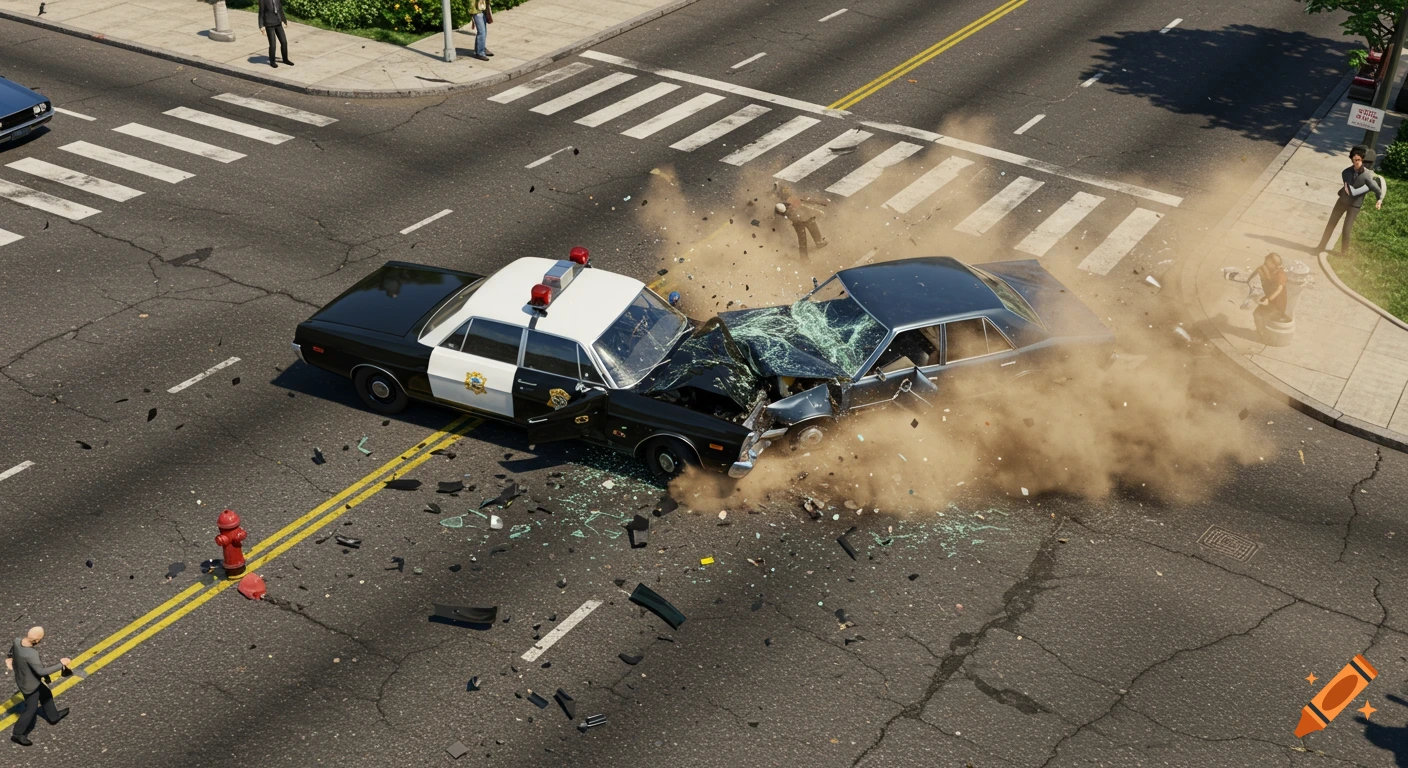 Birds-eye view of a police car crashing into another car at a street intersection, with debris and dust flying.