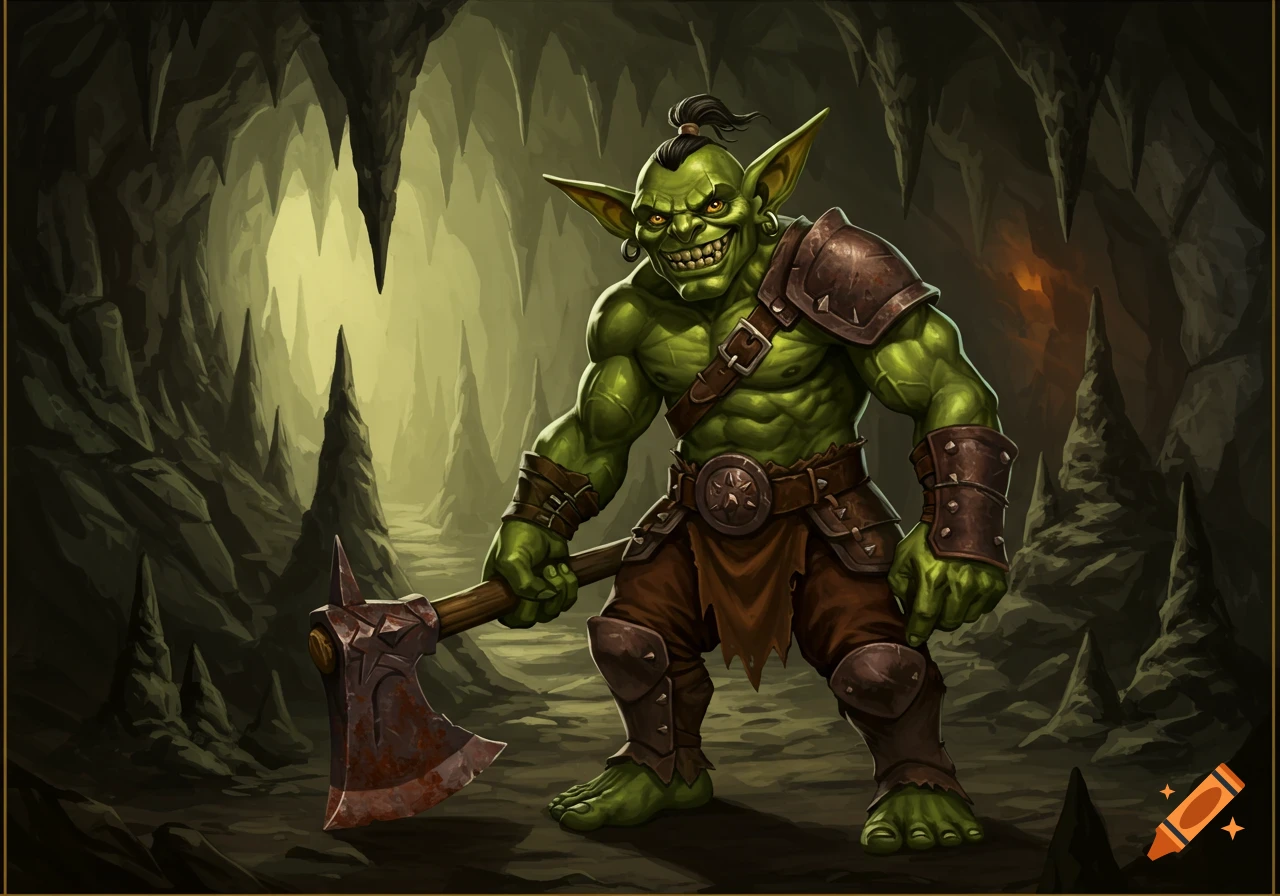 A muscular green goblin holds a battle axe in a dark cave with stalactites, fantasy illustration.