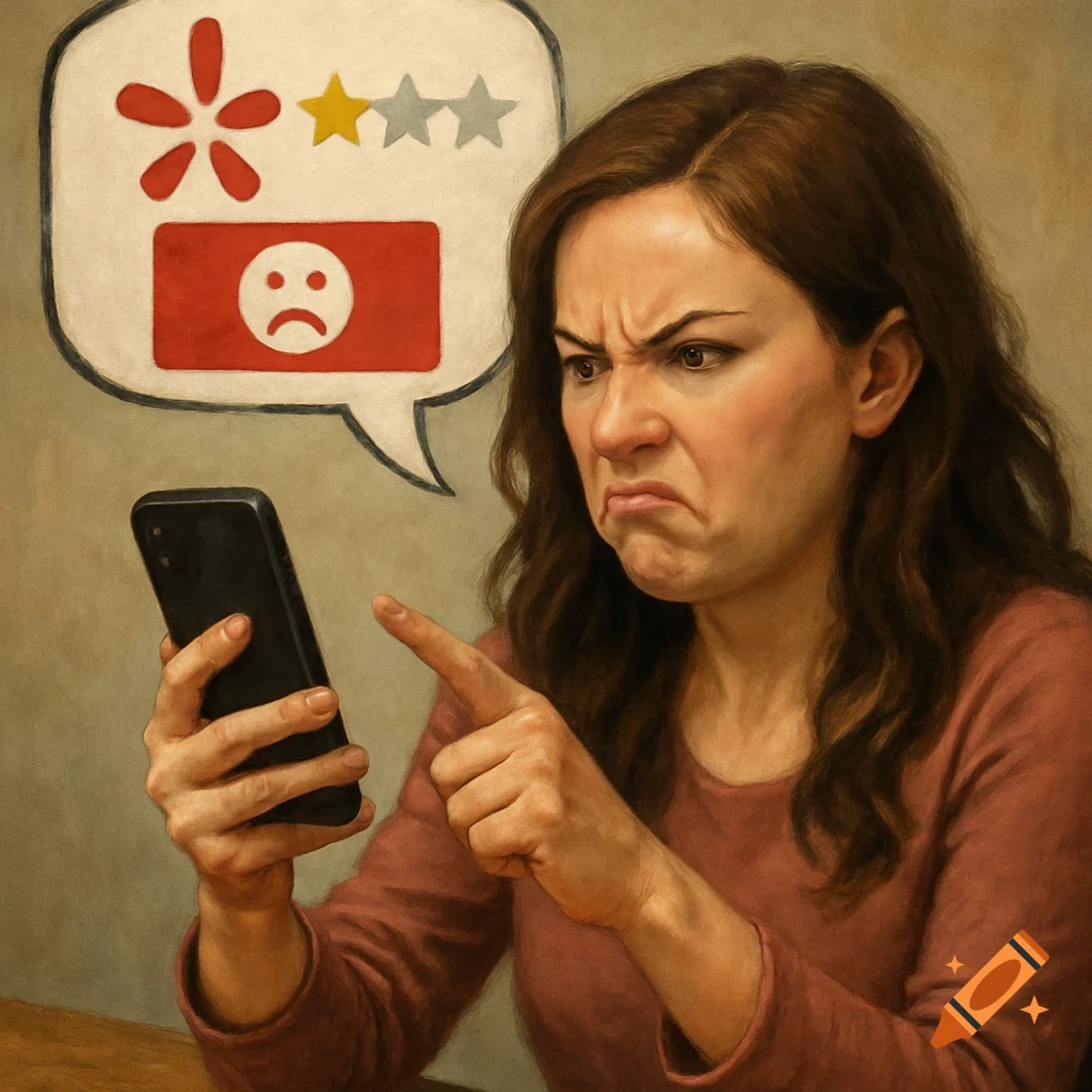 Painting of an angry woman looking at her phone with a speech bubble showing a bad rating and a sad face.