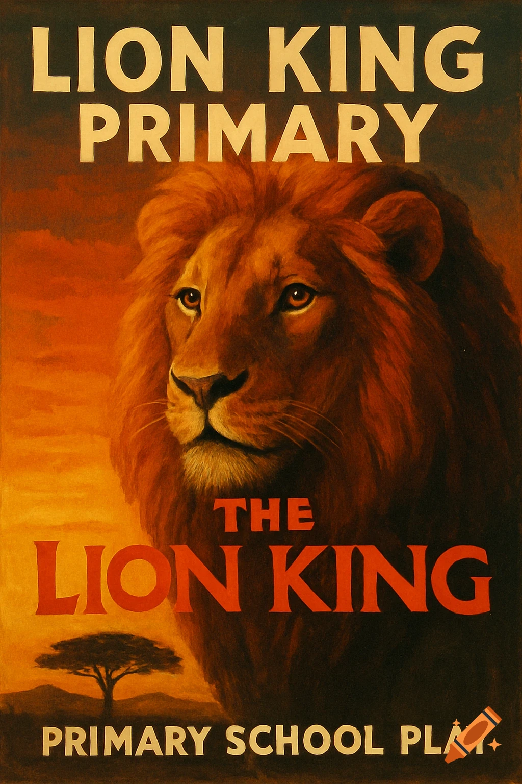 Painting of a lion on a poster for The Lion King Primary School Play