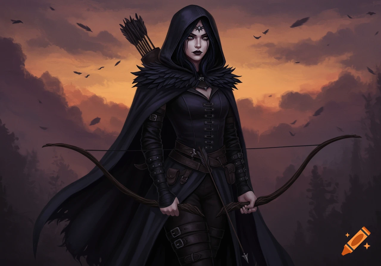 A dark fantasy huntress in black raven-like clothing holds a bow against a sunset sky with birds.