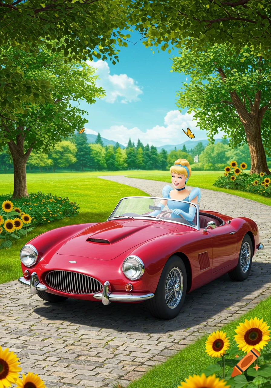 Cinderella drives a red convertible car down a paved road in a sunny ...