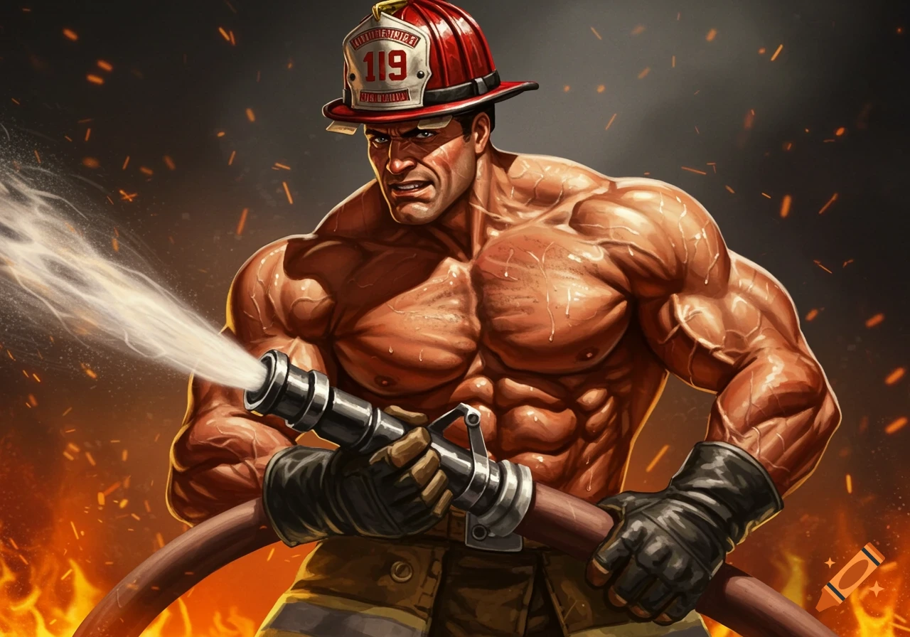 Muscular illustration of a fireman holding a hose with fire in the background