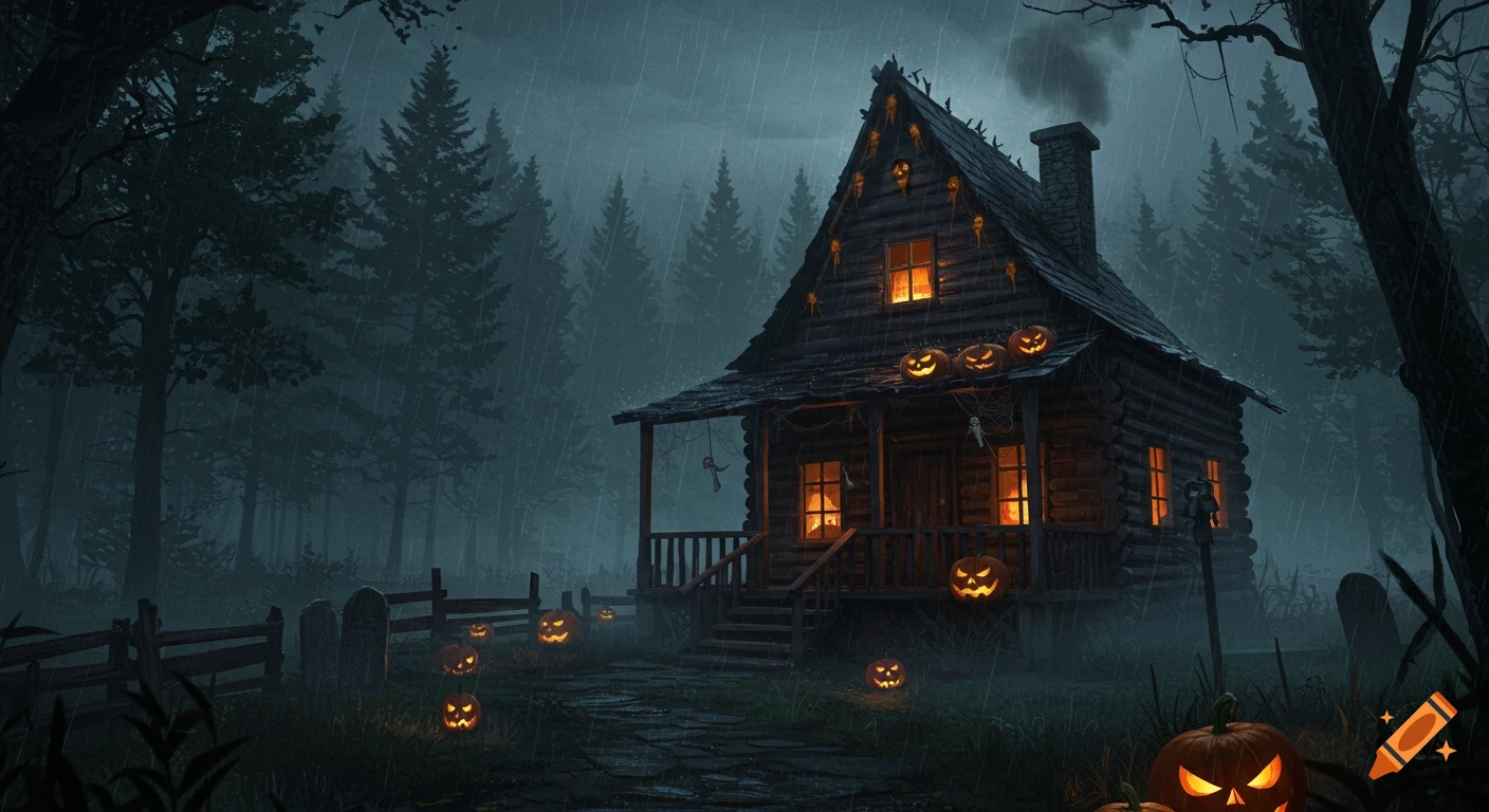 Spooky log cabin decorated for Halloween in a rainy, foggy forest with pumpkins and gravestones.