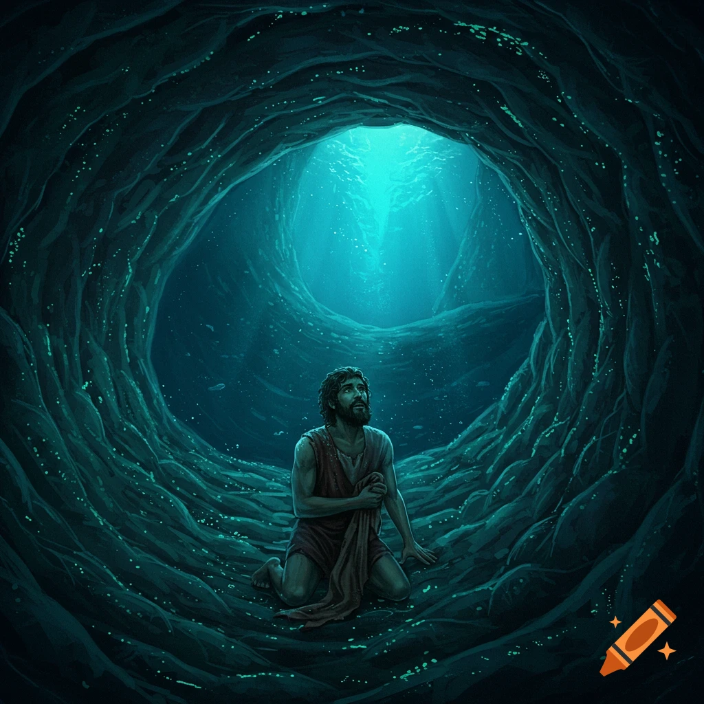 A man kneels inside a dark, organic space, looking up towards light filtering through water.