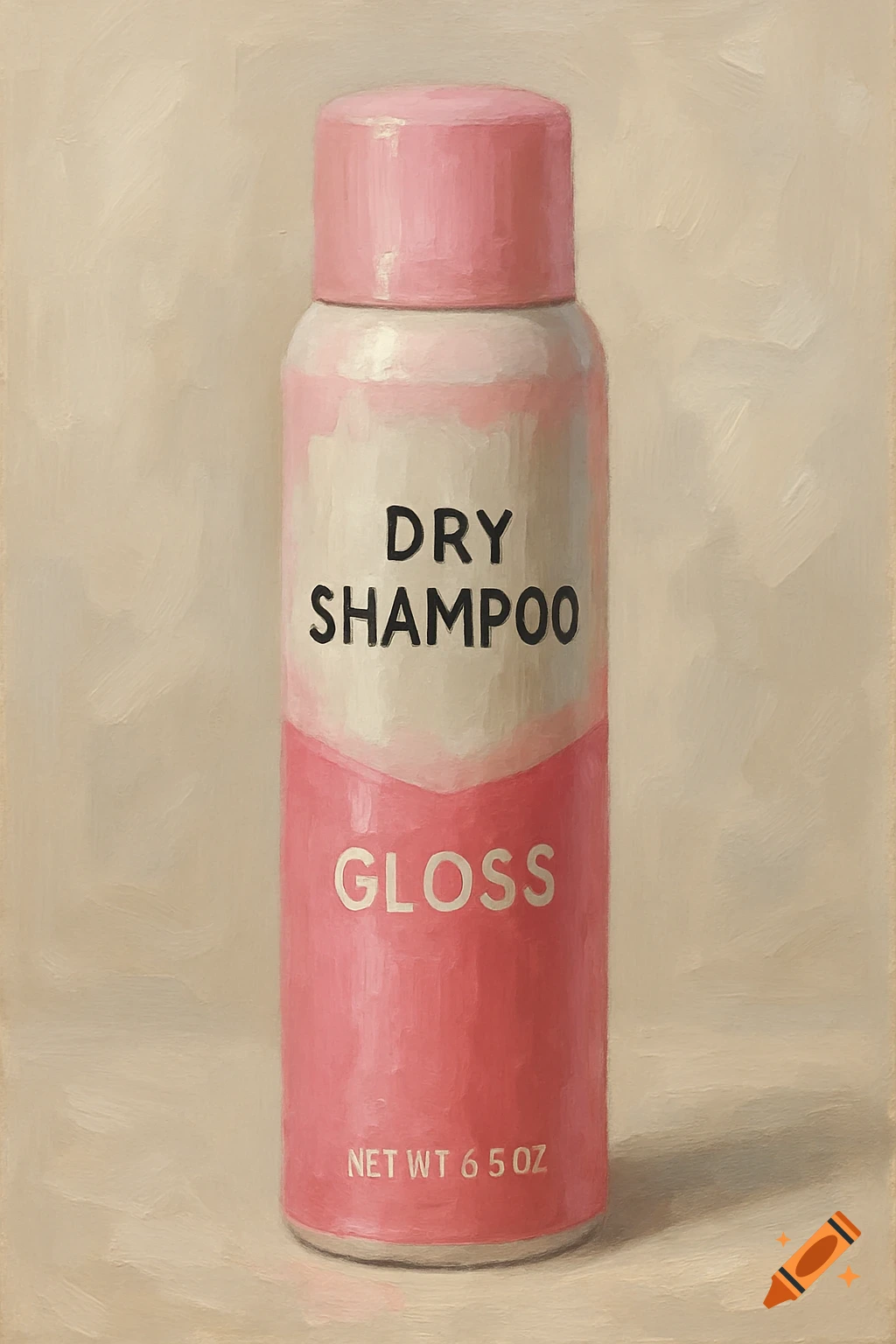 A painting of a pink and white dry shampoo bottle with the text "DRY SHAMPOO GLOSS" on it.