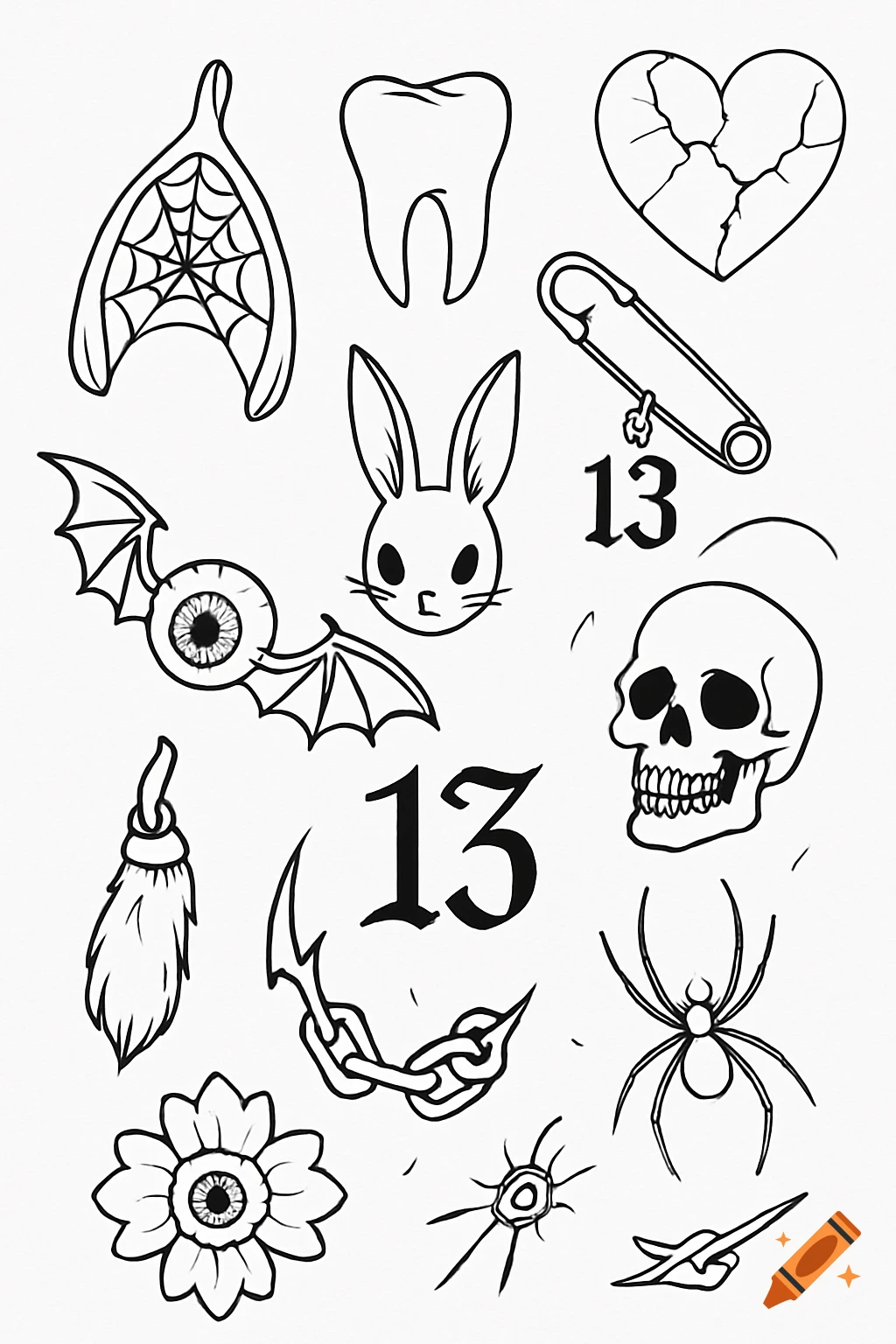 A black and white linework tattoo flash sheet featuring spooky and symbolic designs.