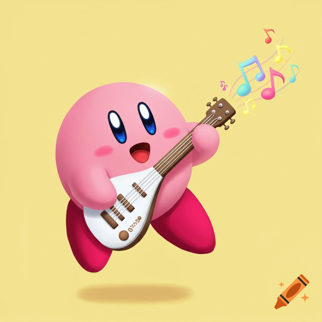 Cartoon character Kirby playing a white bass guitar-like instrument with colorful musical notes on a yellow background.