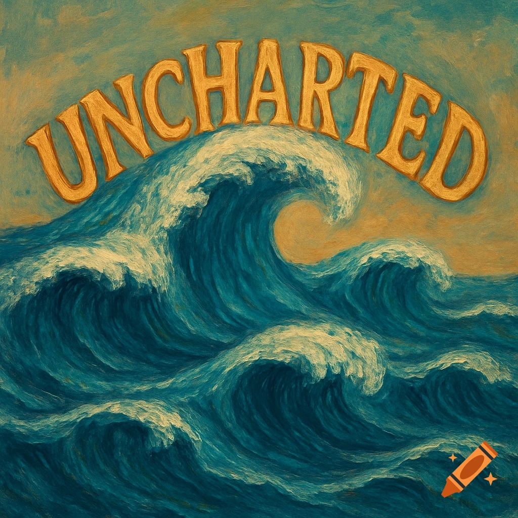 A painting of golden text "UNCHARTED" arched over large blue waves.