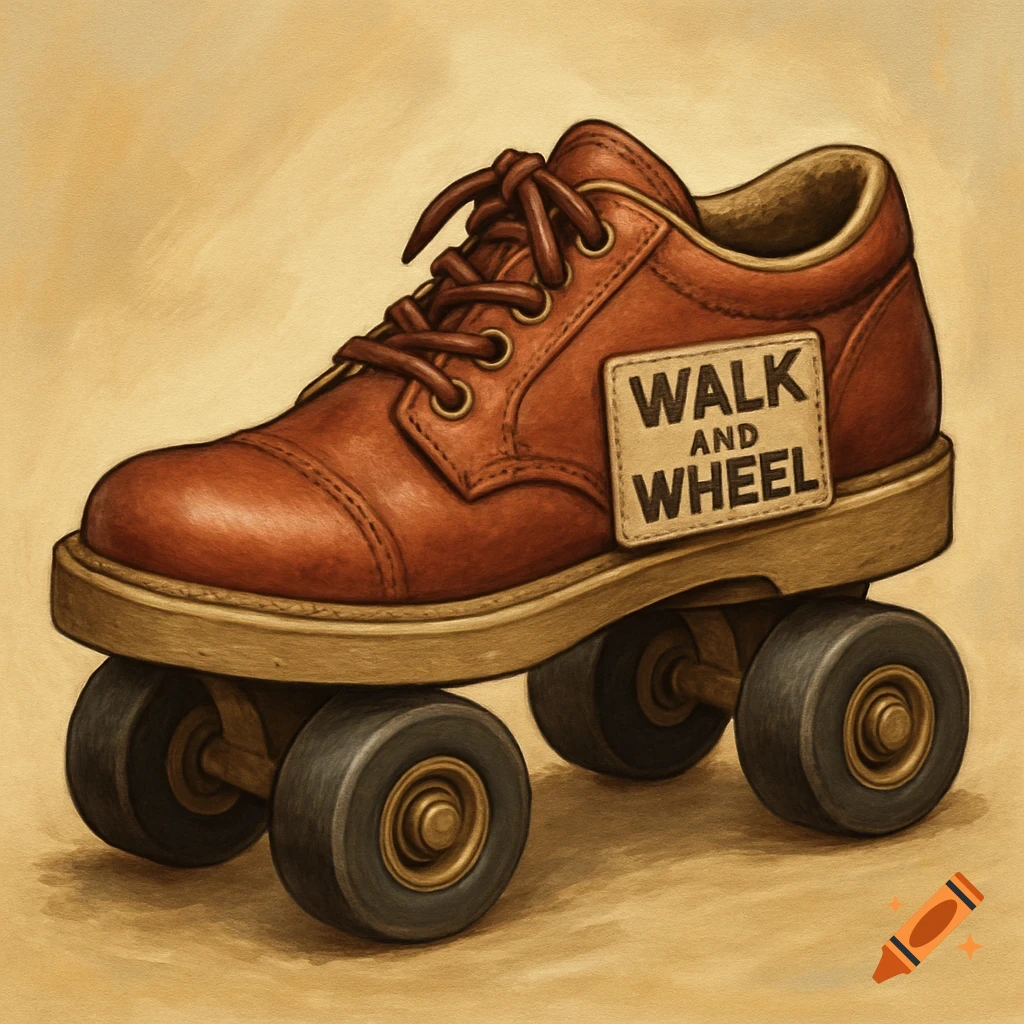 A brown shoe on four roller skate wheels with a label on the side that reads "WALK AND WHEEL" in a painted illustration style.