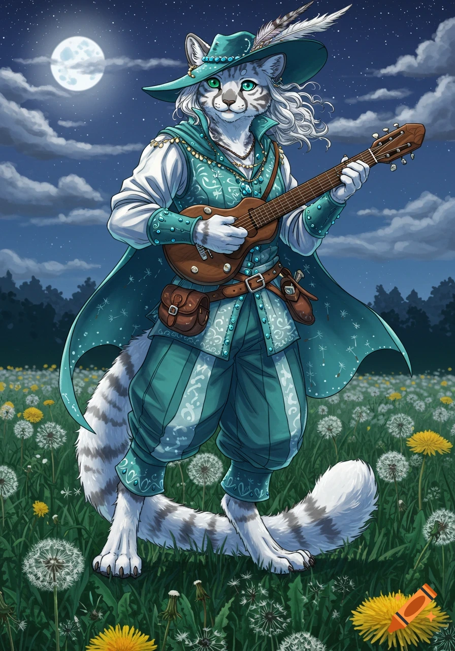 Anthropomorphic white cat bard in fantasy clothes playing a guitar in a dandelion field under the moon.