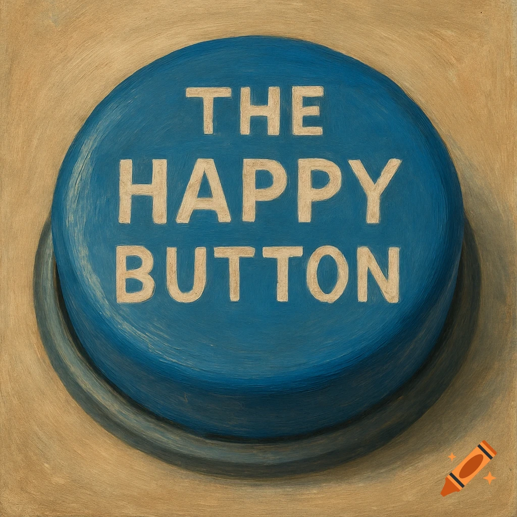 Close-up of a blue button with the words THE HAPPY BUTTON on it, rendered in an illustration style.