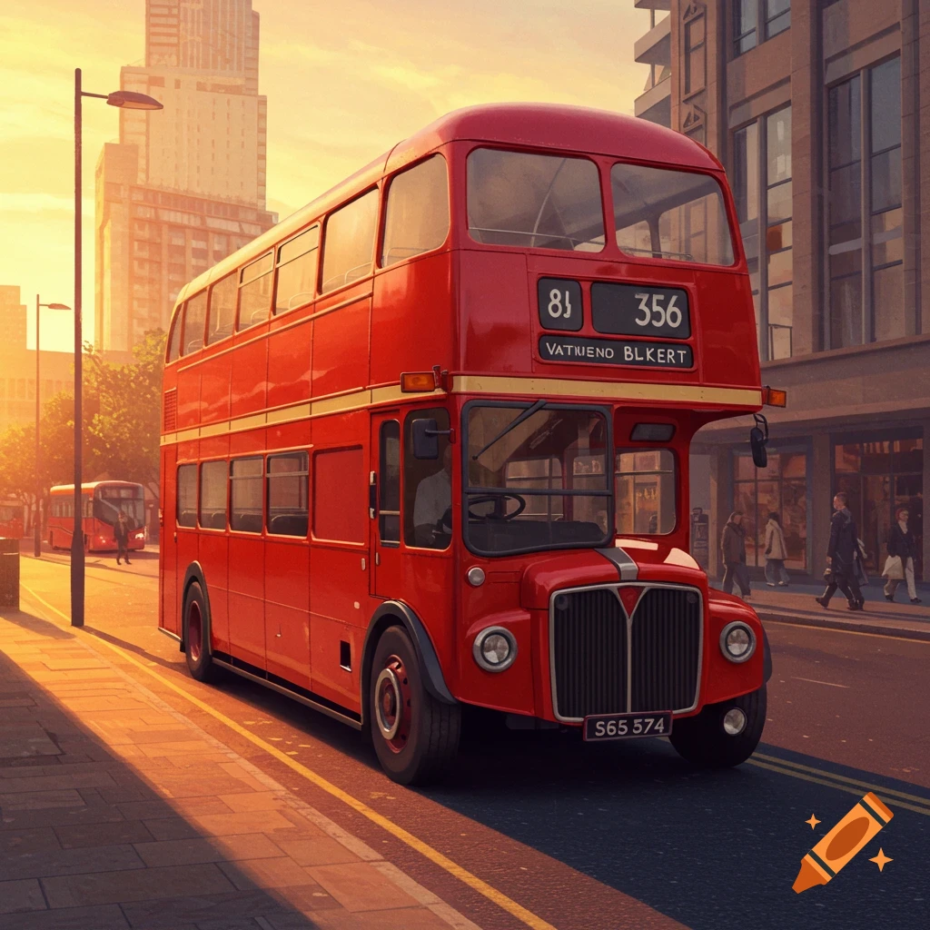 Red double-decker bus driving on a city street at sunset.